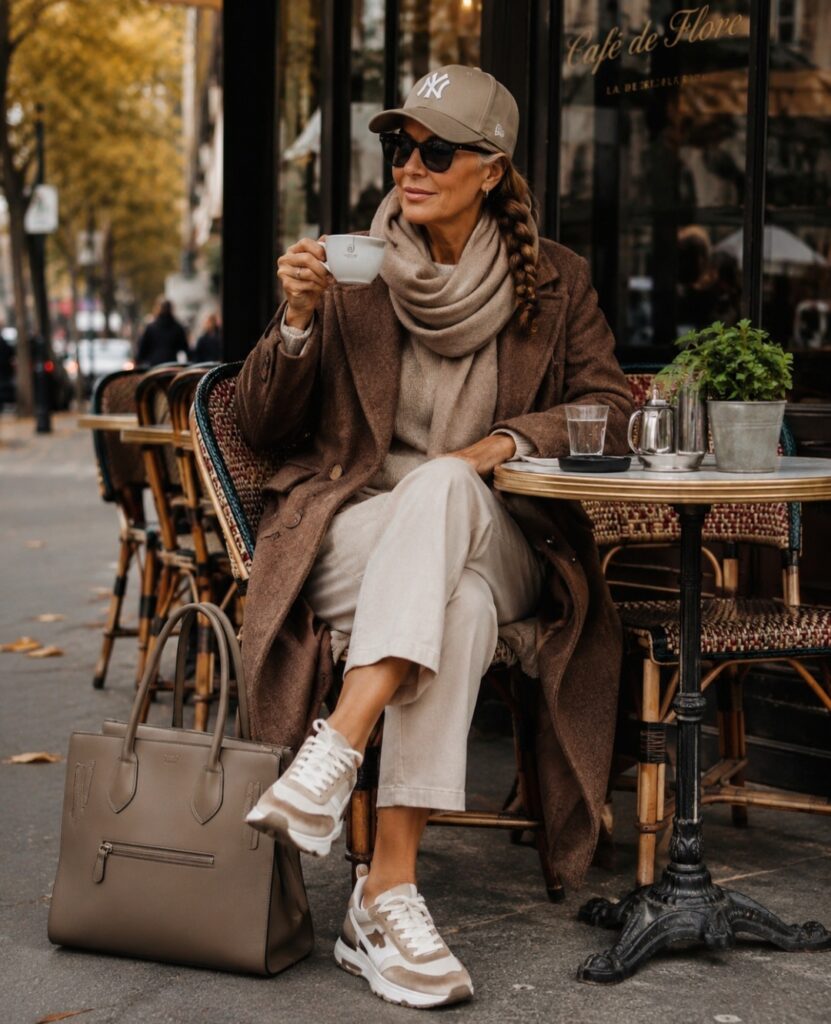 Elegante moderne Frau. Selbstbewusst und ausgeglichen. Modebewusst mit Sneakern im Cafe